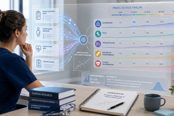 Nursing student reviewing predictive healthcare data, risk timelines, patient outcome probabilities, and dissertation findings.