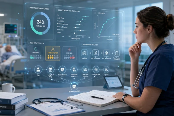 Nursing researcher reviewing predictive modelling dashboard for patient readmission risk, ROC curve, logistic regression predictors, and risk stratification.