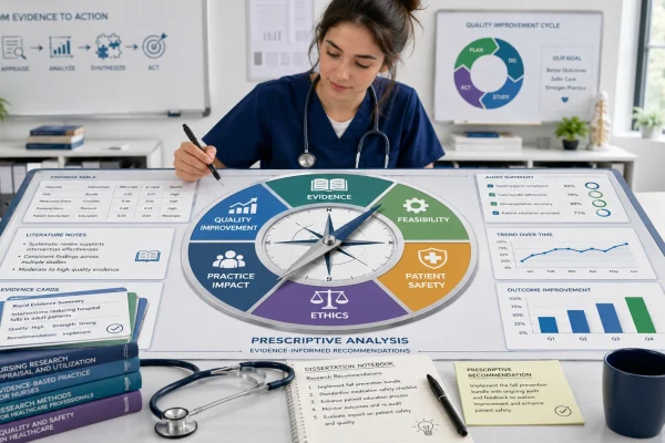 Nursing student using a recommendation compass to turn healthcare research findings into evidence-informed action plans.