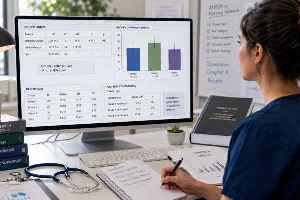 Nursing researcher interpreting SPSS ANOVA output with group comparison charts, post hoc results, p-values, and dissertation Chapter 4 notes.