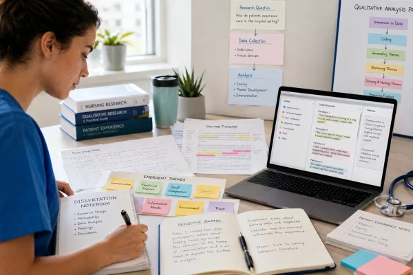 Nursing student reviewing qualitative research transcripts, coding notes, themes, and dissertation findings.
