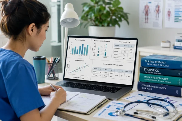 Nursing student reviewing quantitative research data, statistical tables, charts, and dissertation results on a laptop.