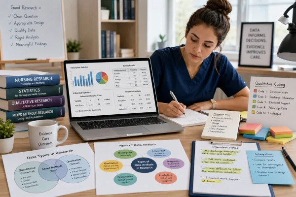 Nursing student reviewing quantitative and qualitative research data analysis for a dissertation.