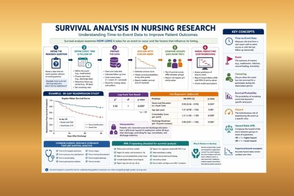 Survival analysis in nursing research infographic showing time-to-event data, censoring, Kaplan-Meier curves, log-rank tests, Cox regression, hazard ratios, APA 7 reporting, and nursing dissertation interpretation.
