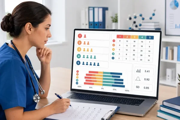 Likert scale analysis in nursing research showing a nurse reviewing questionnaire responses, frequency tables, and statistical charts