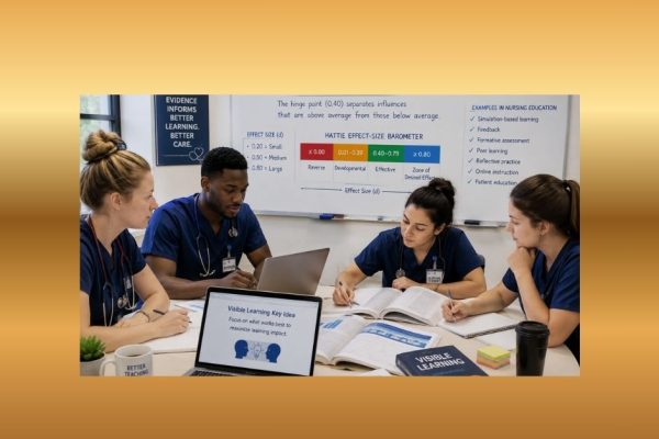 Nursing students studying John Hattie effect size and the 0.40 hinge point in a classroom